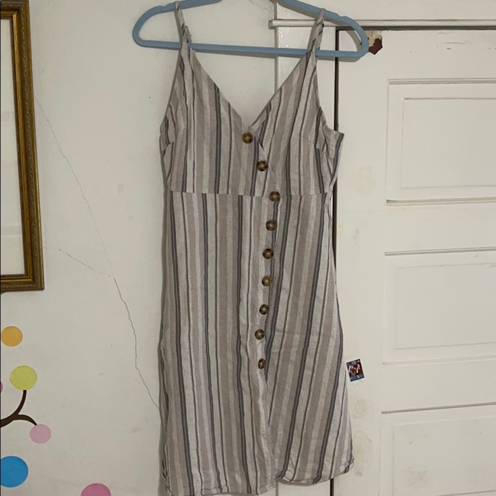 beige w/ blue stripes knee length strappy dress